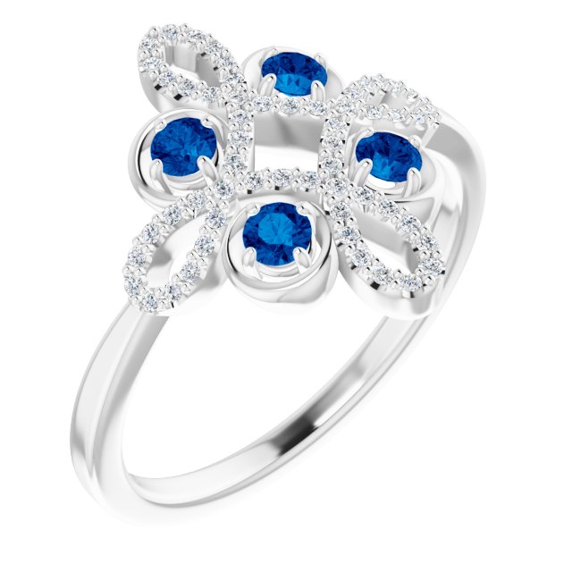 14K White Blue Sapphire & 1/6 CTW Diamond Clover Ring  